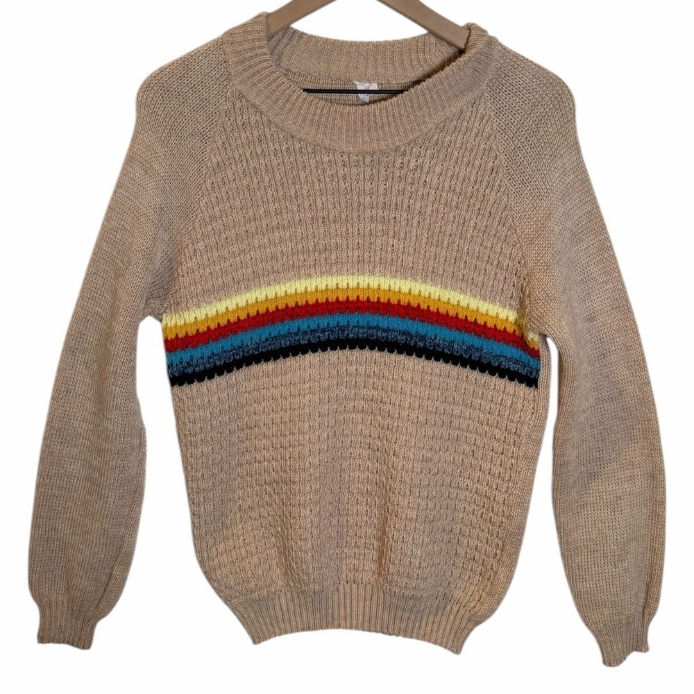 Vintage 90s Rainbow Stripe Knit Sweater Retro Y2K Fitted Crew Neck Neutral Cozy - Picture 2 of 9